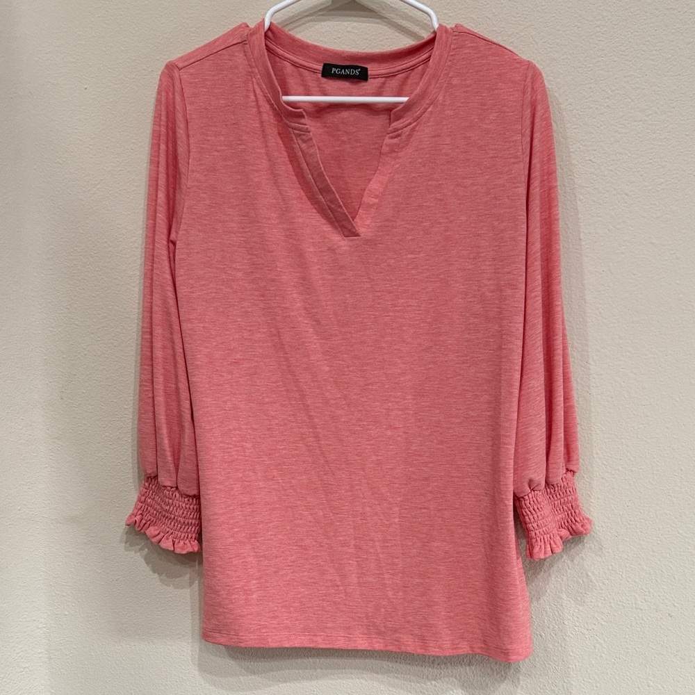 PGANDS Women's Coral Blouse with Smocked Sleeves Long Sleeve Size Large
